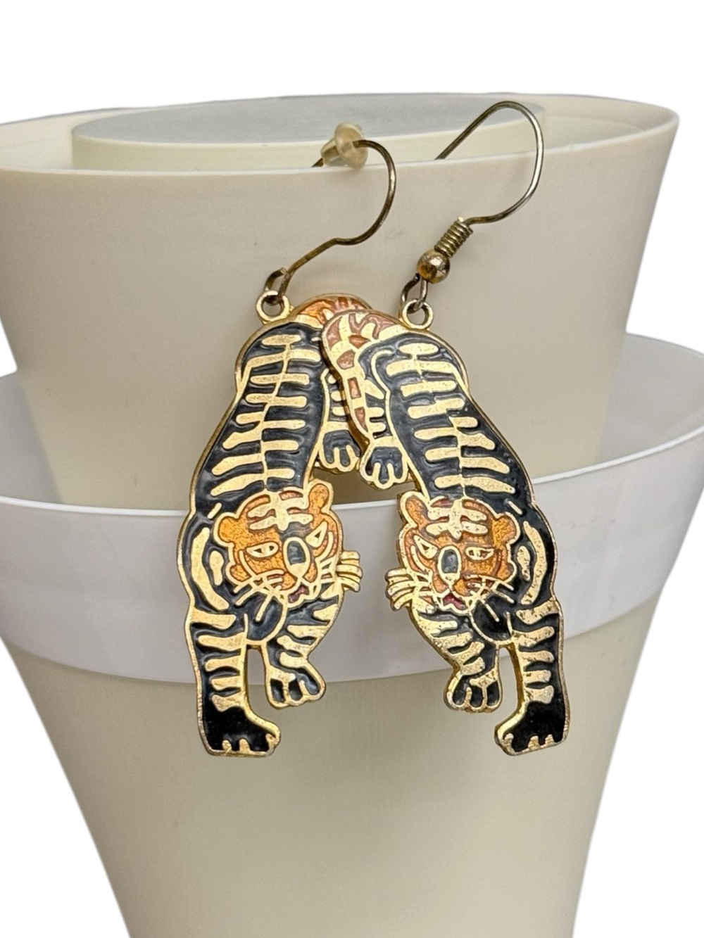 Vintage Cloisonné Tiger Dangle Earrings Black Gold Enamel Statement